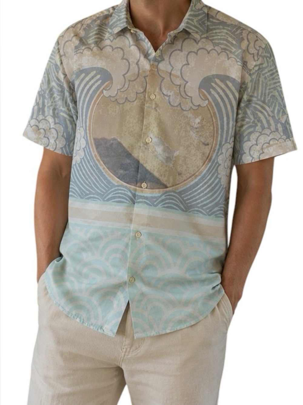 Public Supply Co Wave Print Surf Scenic Button-Up Camp Shirt Size Large
